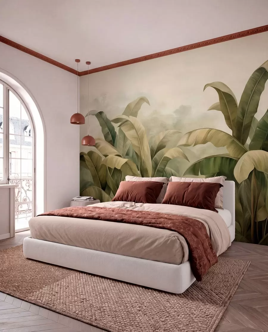 wall murals Textured dense jungle landscape with large banana leaves in muted green and beige tones w09613