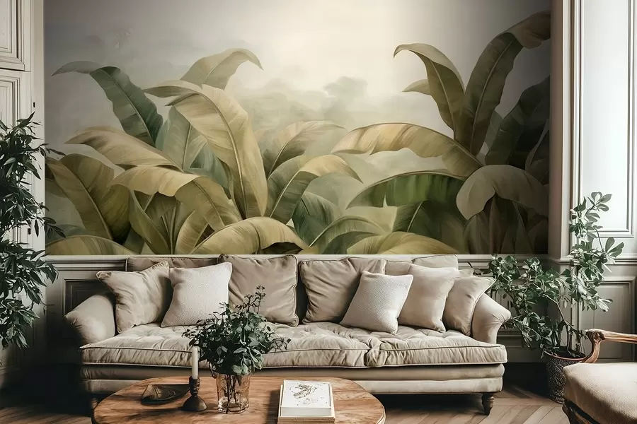 wall murals Textured dense jungle landscape with large banana leaves in muted green and beige tones w09613