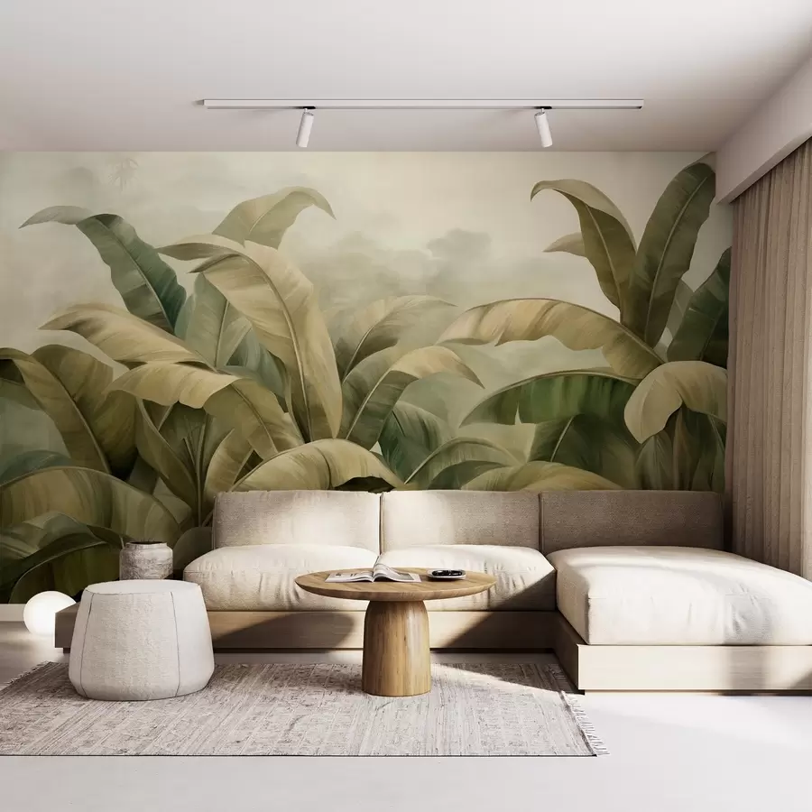 wall murals Textured dense jungle landscape with large banana leaves in muted green and beige tones w09613