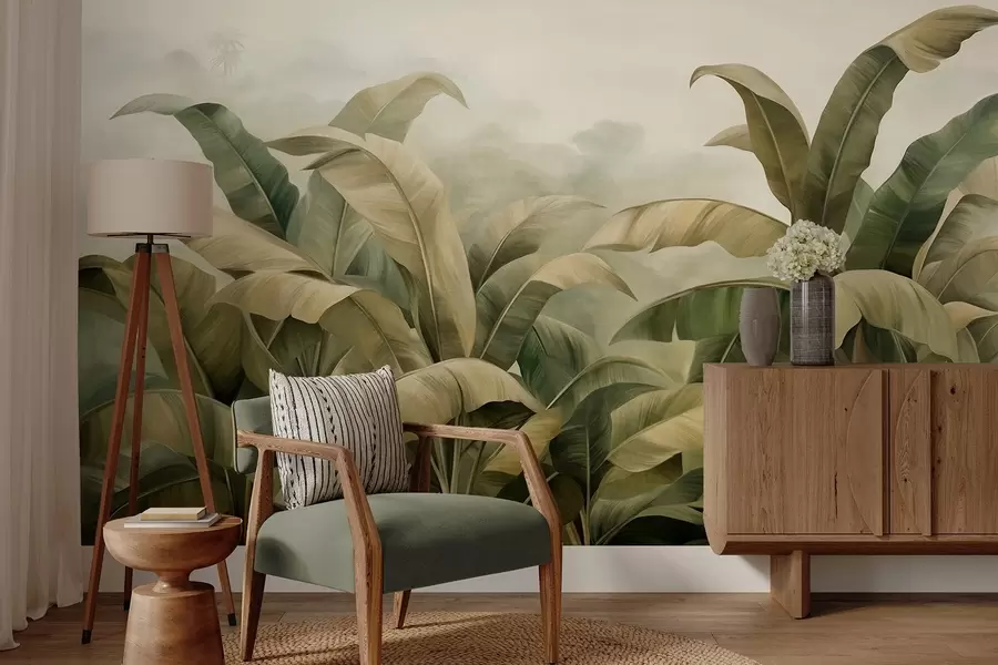 wall murals Textured dense jungle landscape with large banana leaves in muted green and beige tones w09613
