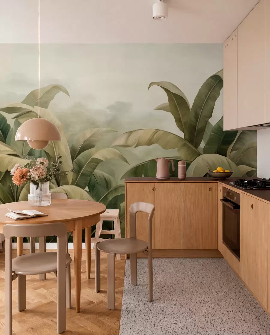 wall murals Textured dense jungle landscape with large banana leaves in muted green and beige tones w09613