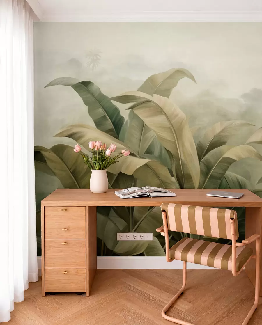 wall murals Textured dense jungle landscape with large banana leaves in muted green and beige tones w09613