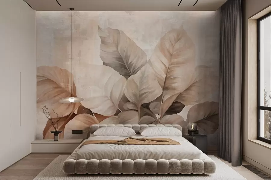 wall murals Textured painting imitation of large, light brown leaves against a neutral background with subtle brushstrokes w09614