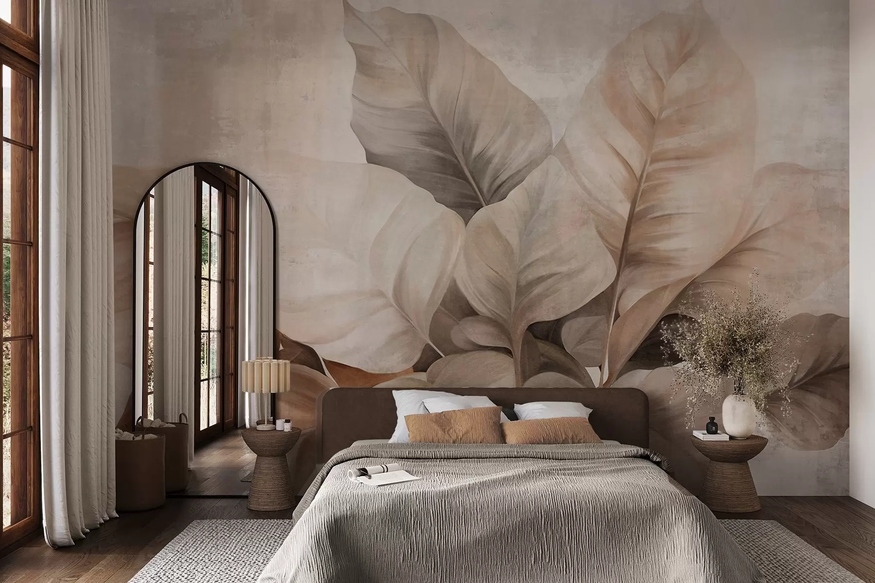 wall murals Textured painting imitation of large, light brown leaves against a neutral background with subtle brushstrokes w09614