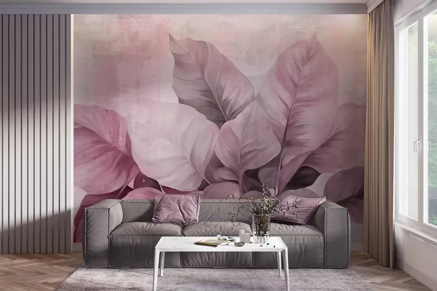 wall murals Textured painting imitation of large, light pink leaves against a neutral background with subtle brushstrokes w09614v1