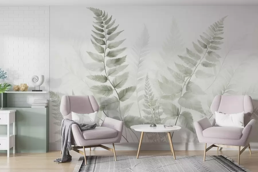 wall murals Textured dried fern fronds in various shades of green, with a soft, light background in watercolor style w09615v1