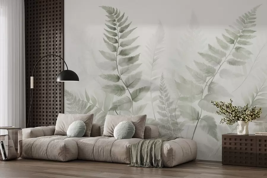 wall murals Textured dried fern fronds in various shades of green, with a soft, light background in watercolor style w09615v1