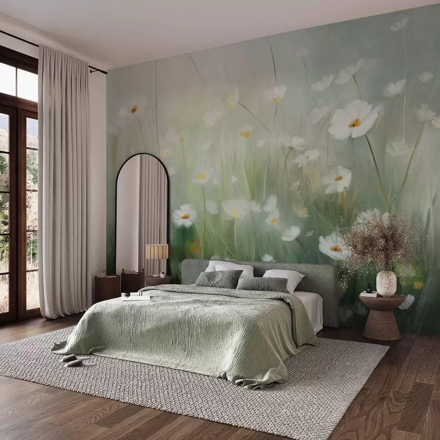 wall murals Abstract field of white daisies with green grass and a soft, hazy background in painting style w09619