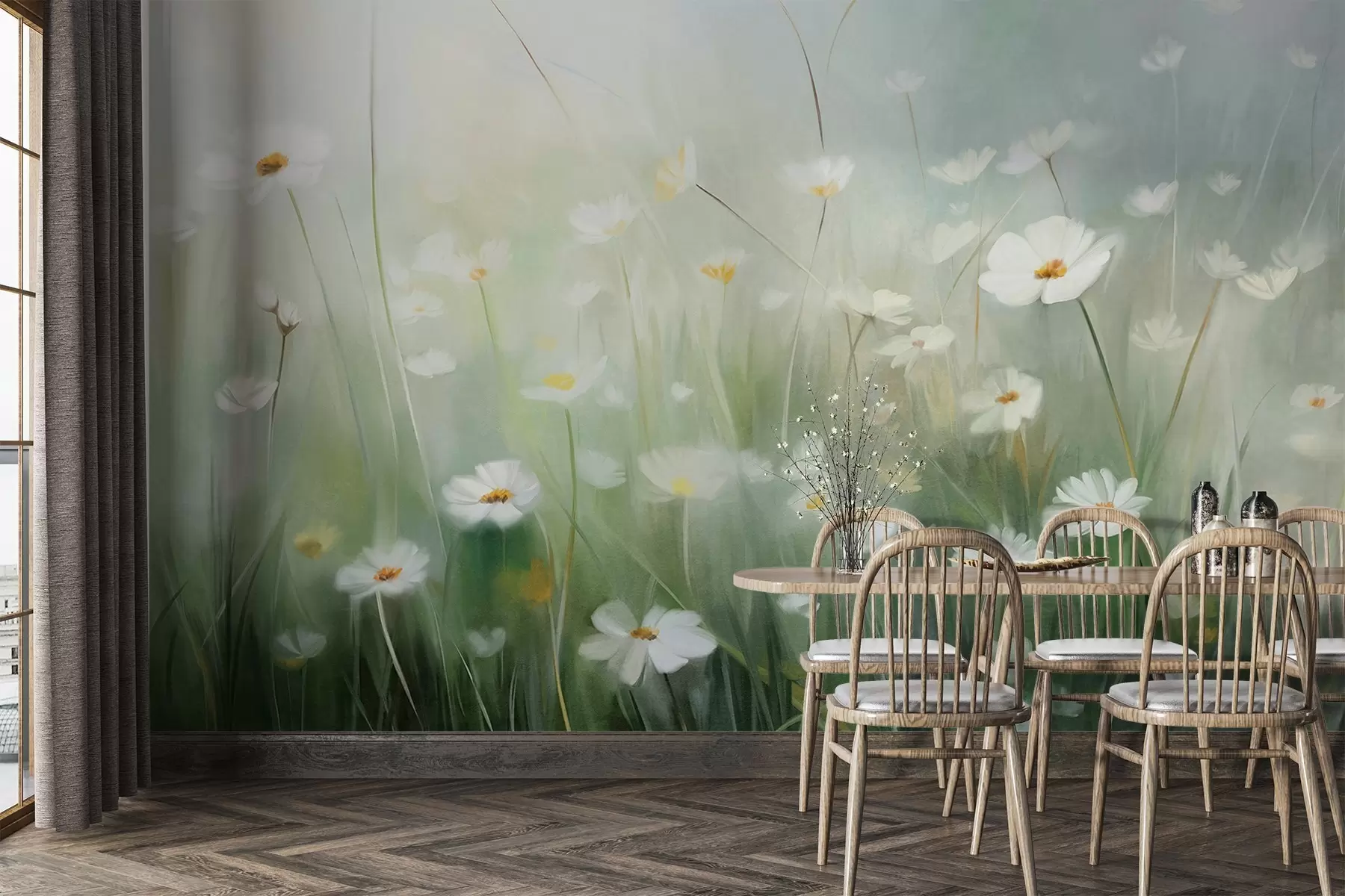 wall murals Abstract field of white daisies with green grass and a soft, hazy background in painting style w09619