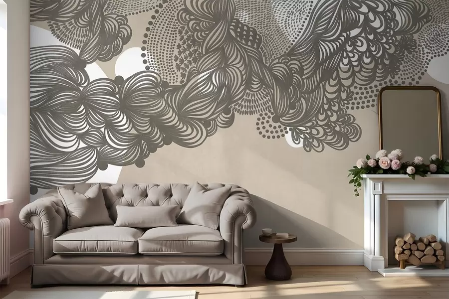 wall murals Abstract textured design on a beige background , with intricate line work and dotted textures w09621