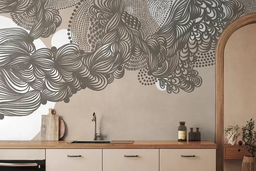 wall murals Abstract textured design on a beige background , with intricate line work and dotted textures w09621