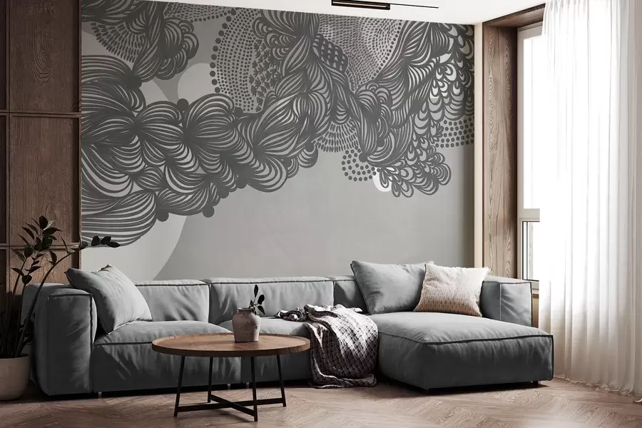 wall murals Abstract textured design on a gray background , with intricate line work and dotted textures w09621v1