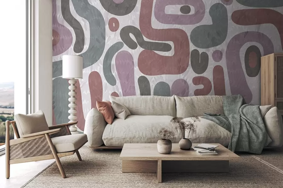 wall murals Abstract textured shapes in muted pink, green and gray tones, on a textured background modern art w09622