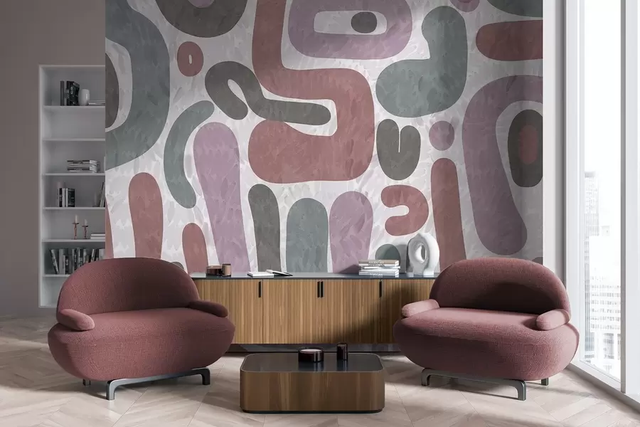 wall murals Abstract textured shapes in muted pink, green and gray tones, on a textured background modern art w09622