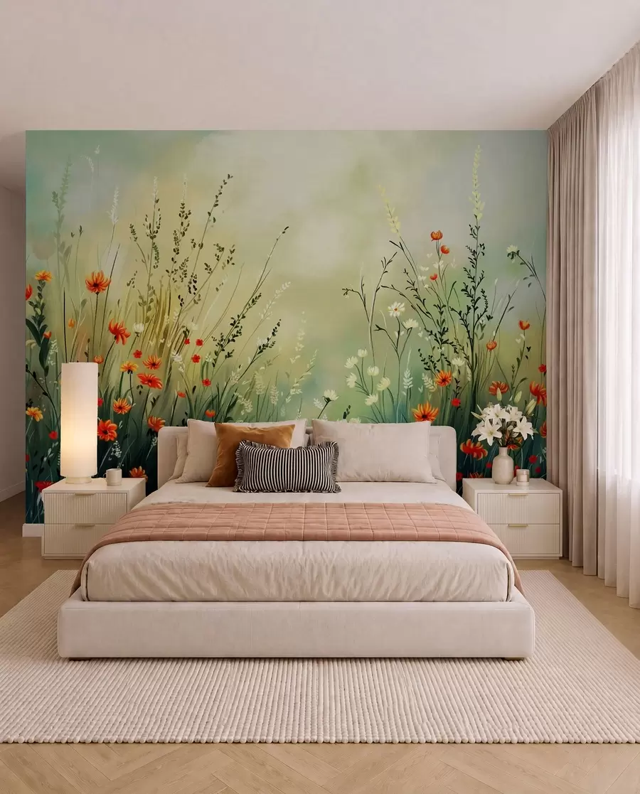 wall murals Meadow flowers and grasses in soft painterly style w05015