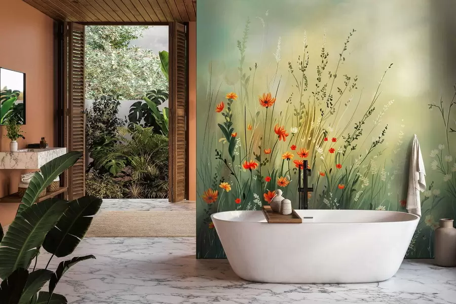 wall murals Meadow flowers and grasses in soft painterly style w05015