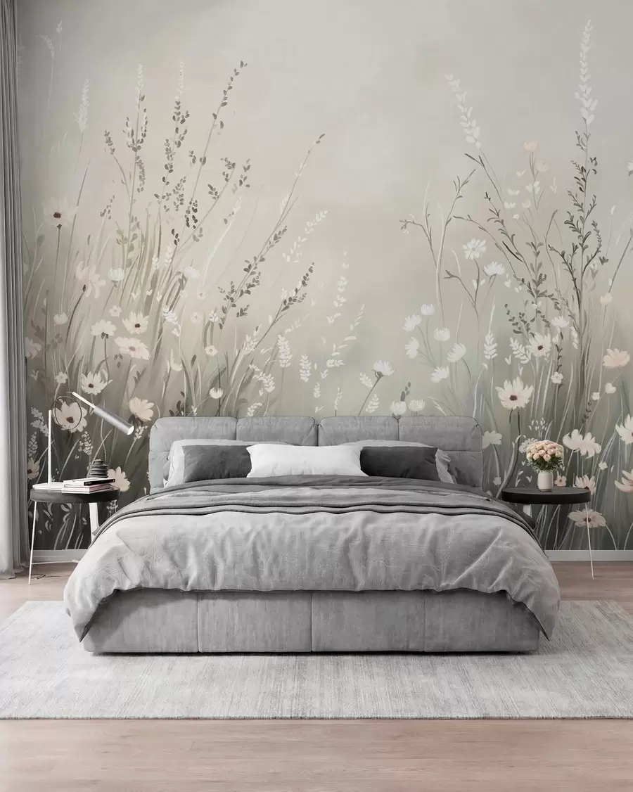 wall murals Soft meadow scene with white flowers and delicate grasses w05015v1