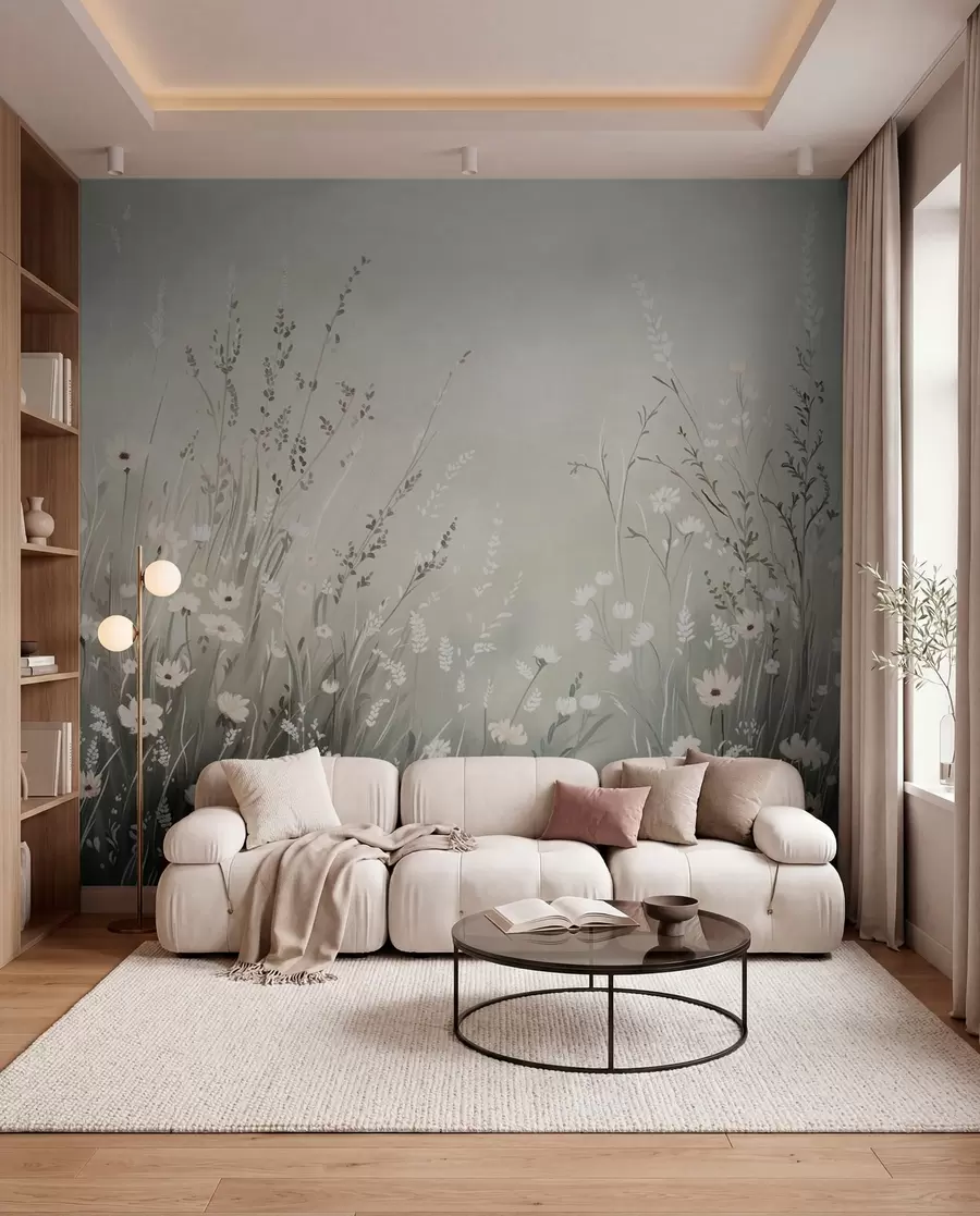 wall murals Soft meadow scene with white flowers and delicate grasses w05015v1