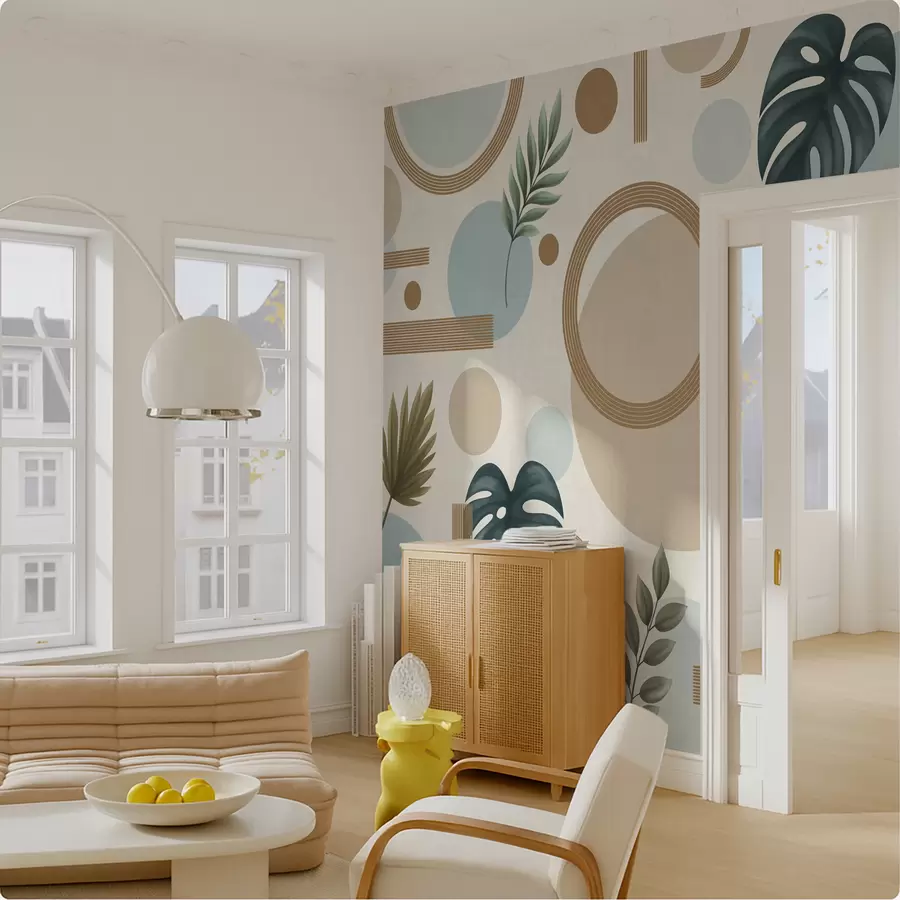 wall murals Geometric pattern with leaves and circles in calm tones w05018