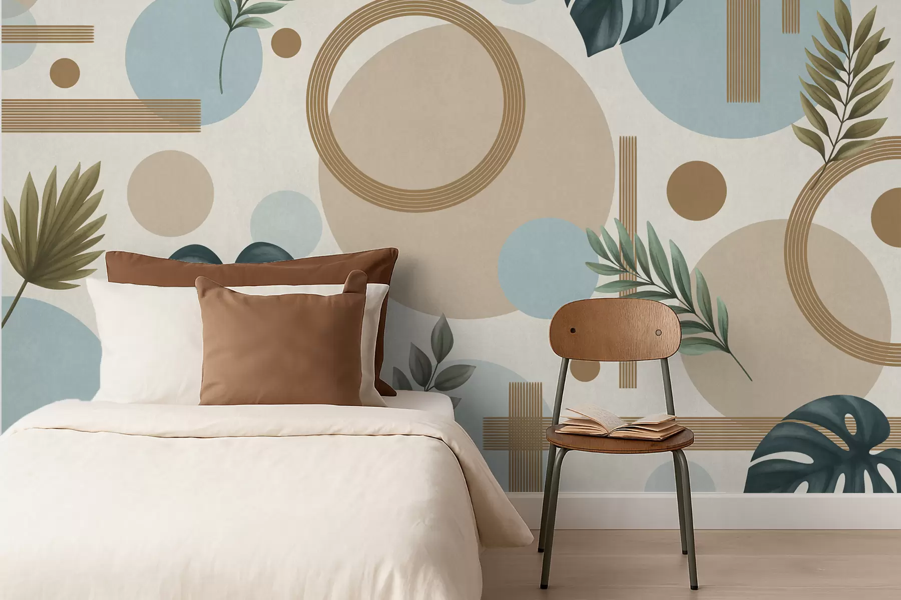 wall murals Geometric pattern with leaves and circles in calm tones w05018