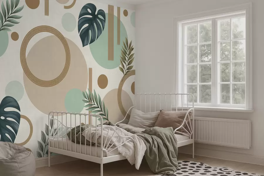 wall murals Geometric pattern with leaves in green palette w05018v1