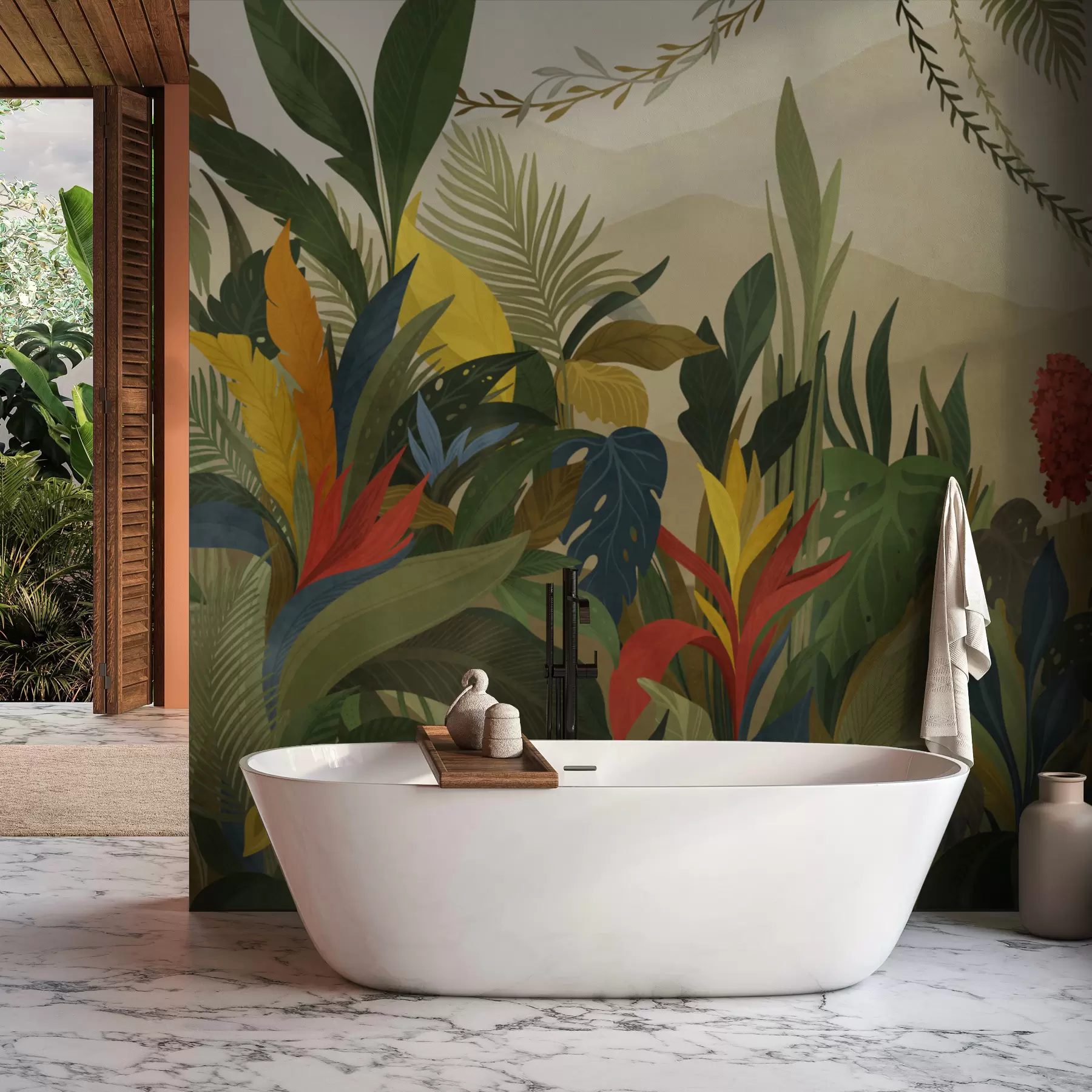 wall murals Tropical foliage with large leaves and flowers w05019