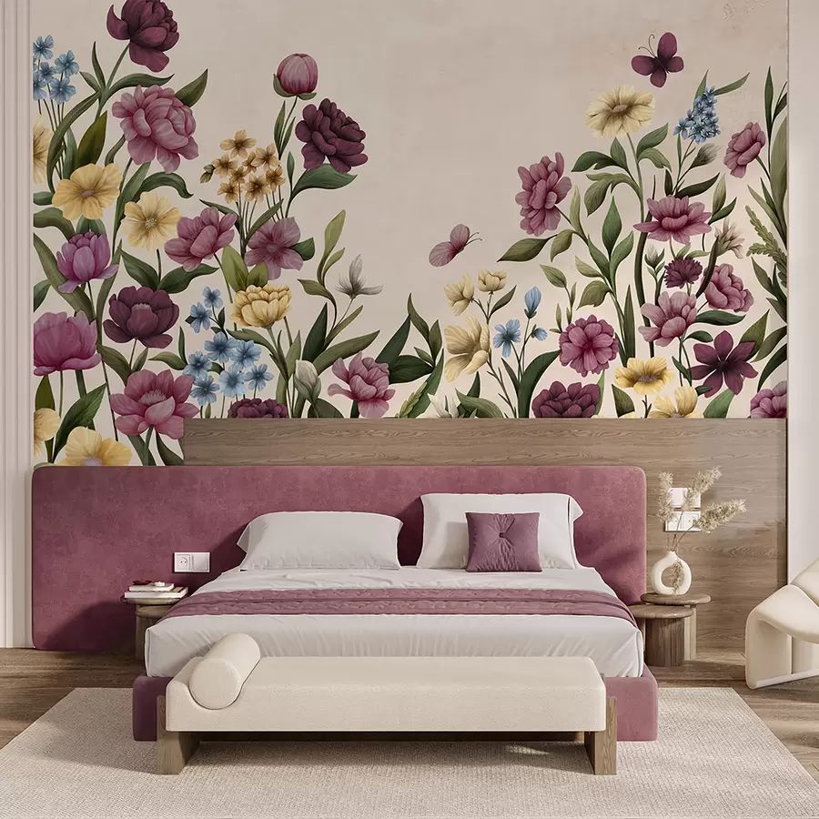 wall murals Floral composition with plants and butterflies on light background w05072