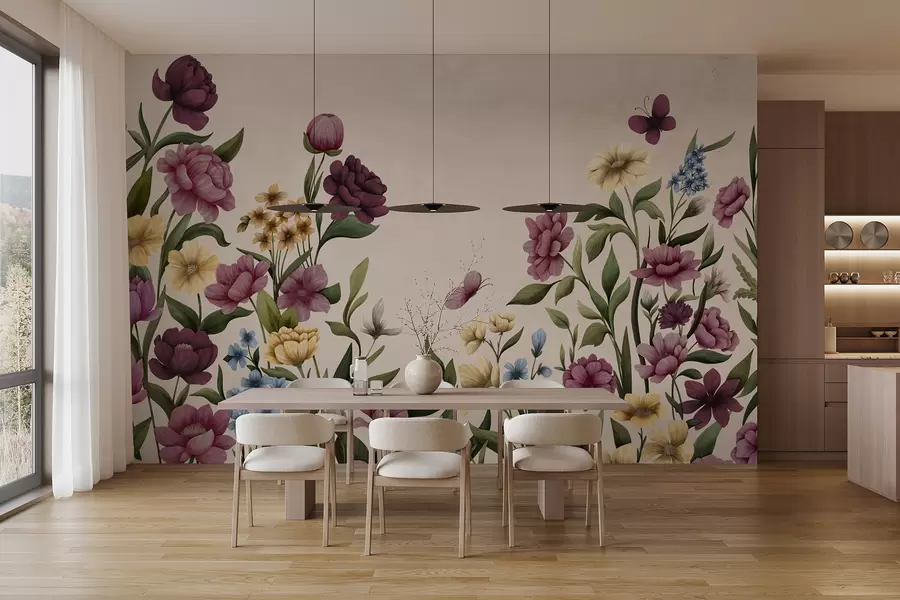 wall murals Floral composition with plants and butterflies on light background w05072
