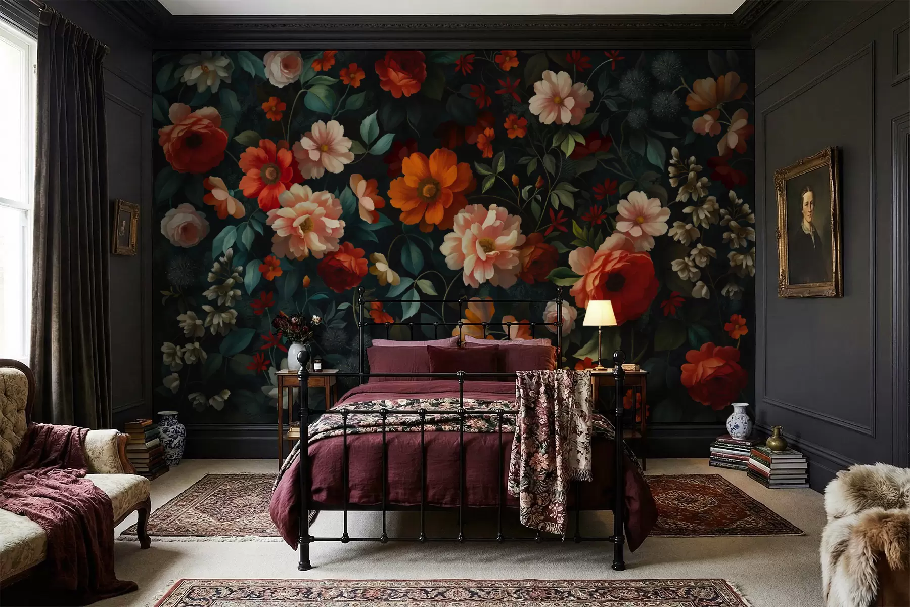 wall murals Dark floral pattern with lush garden flowers w05087