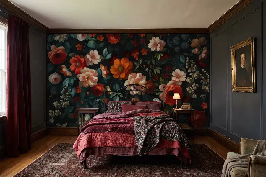 wall murals Dark floral pattern with lush garden flowers w05087