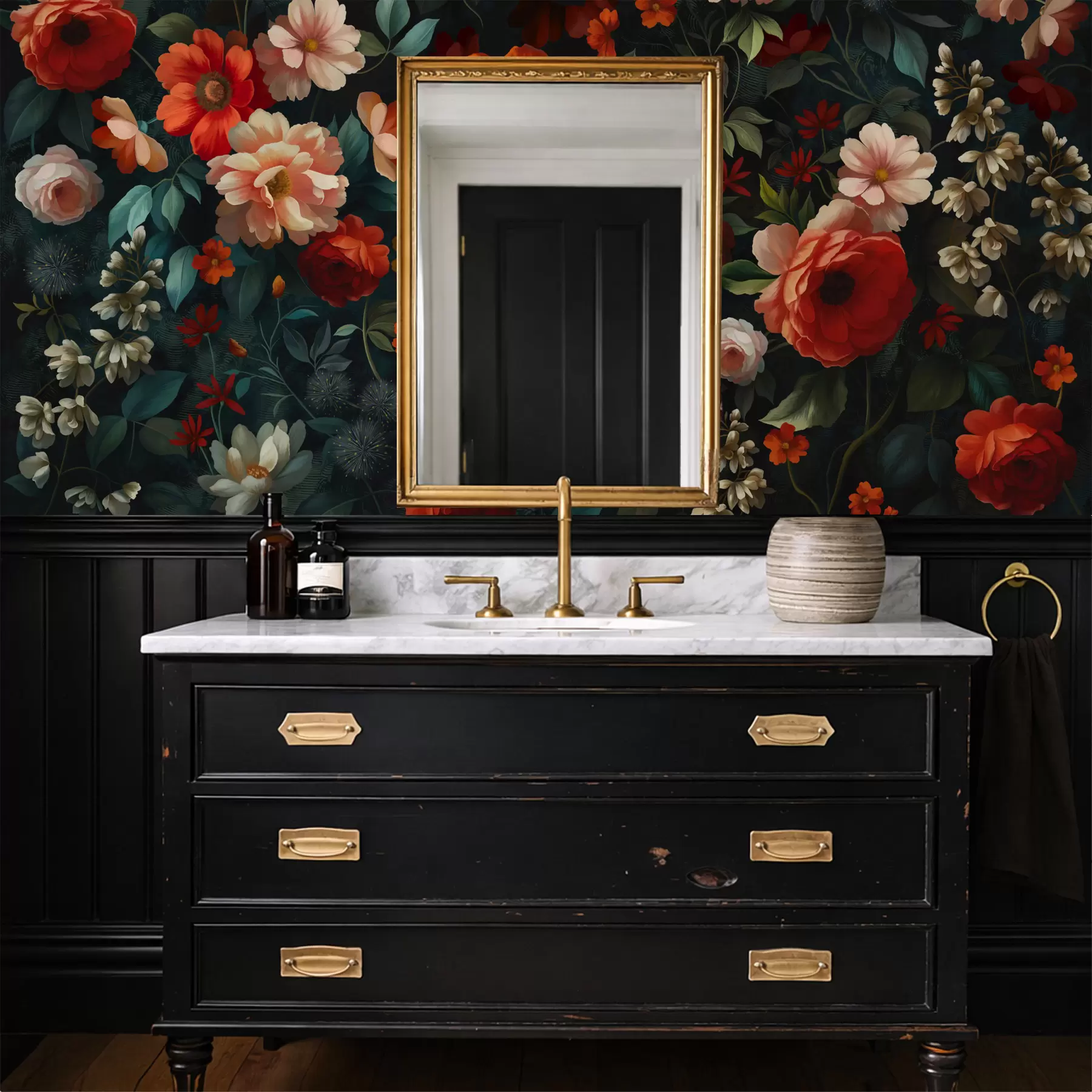 wall murals Dark floral pattern with lush garden flowers w05087