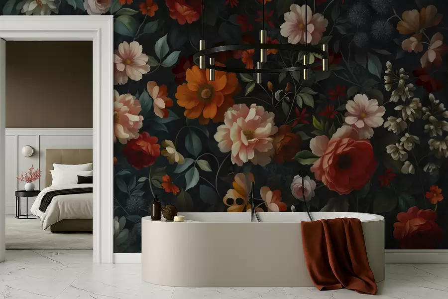 wall murals Dark floral pattern with lush garden flowers w05087
