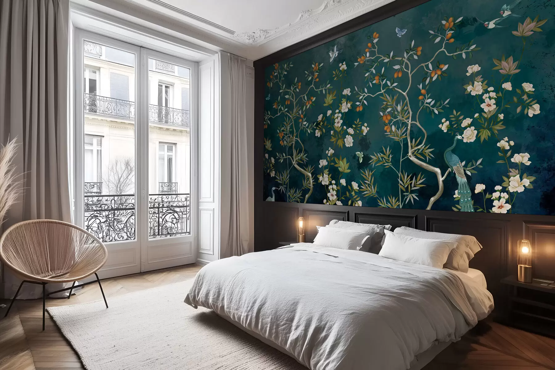 wall murals Decorative scene with trees, flowers and birds on dark background w05004