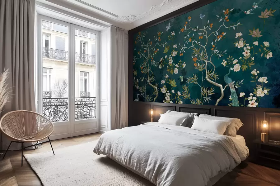 wall murals Decorative scene with trees, flowers and birds on dark background w05004