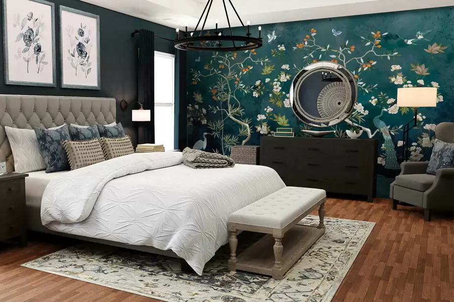 wall murals Decorative scene with trees, flowers and birds on dark background w05004