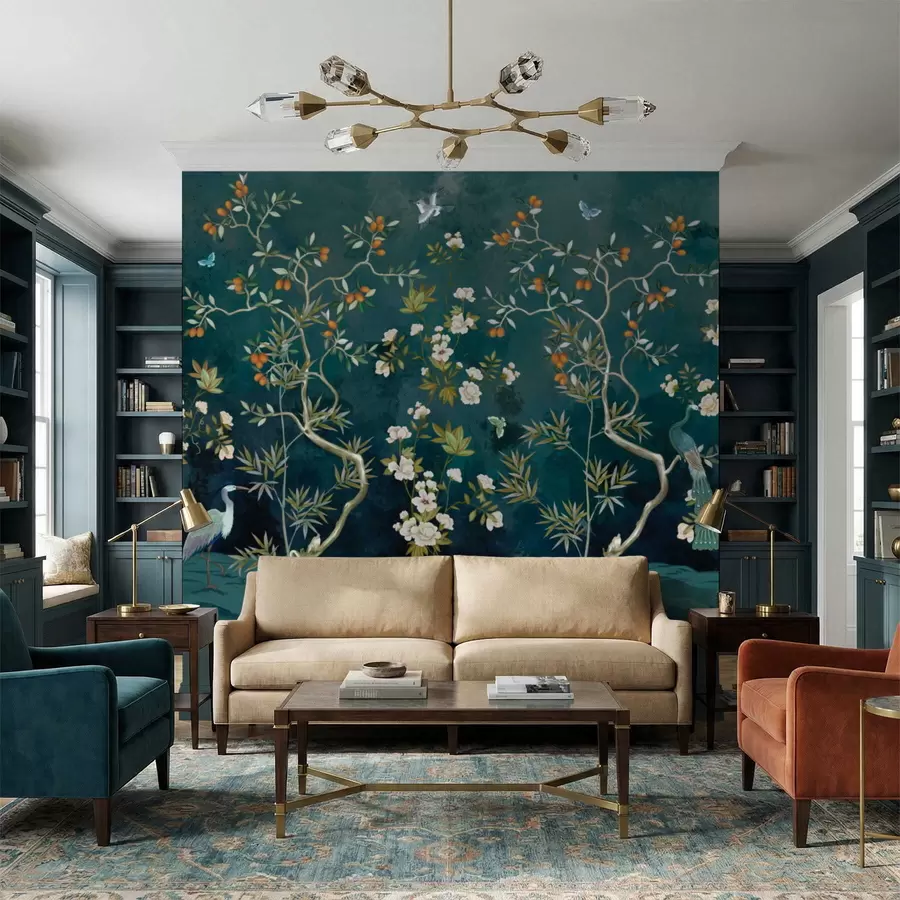 wall murals Decorative scene with trees, flowers and birds on dark background w05004