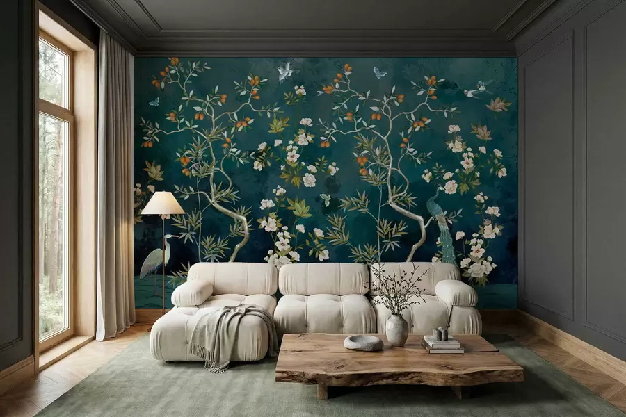 wall murals Decorative scene with trees, flowers and birds on dark background w05004