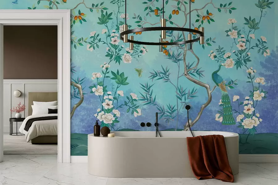 wall murals Scene with trees, flowers and birds, blue background w05004v2