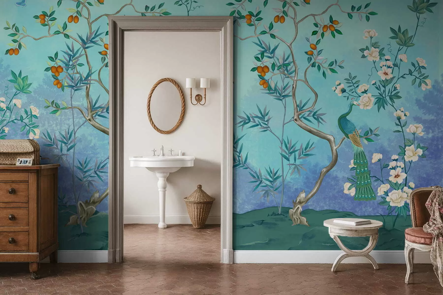 wall murals Scene with trees, flowers and birds, blue background w05004v2