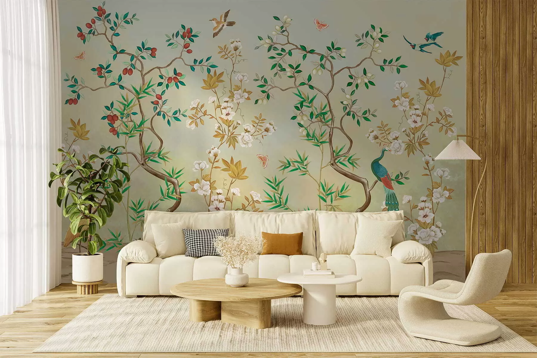 wall murals Scene with trees, flowers and birds, light background w05004v1