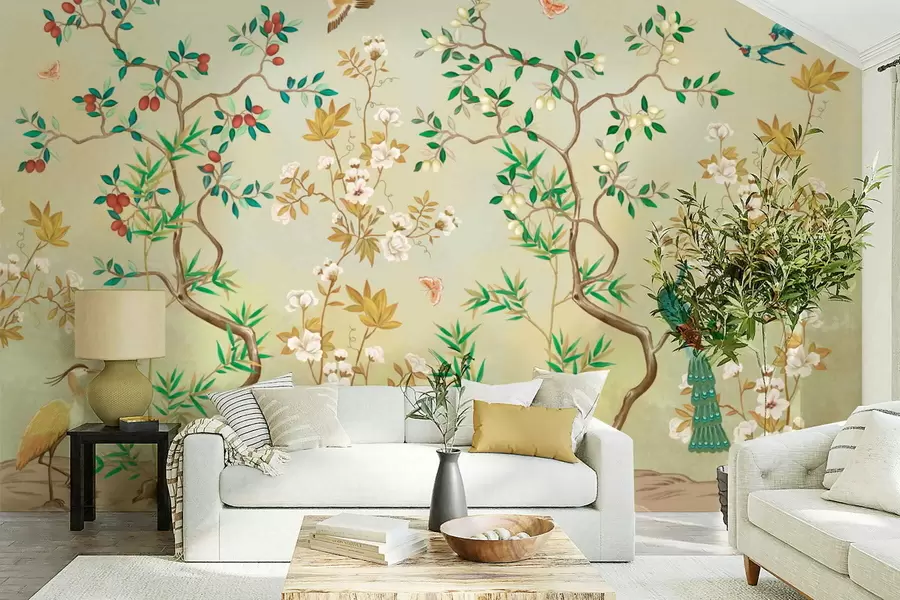 wall murals Scene with trees, flowers and birds, light background w05004v1