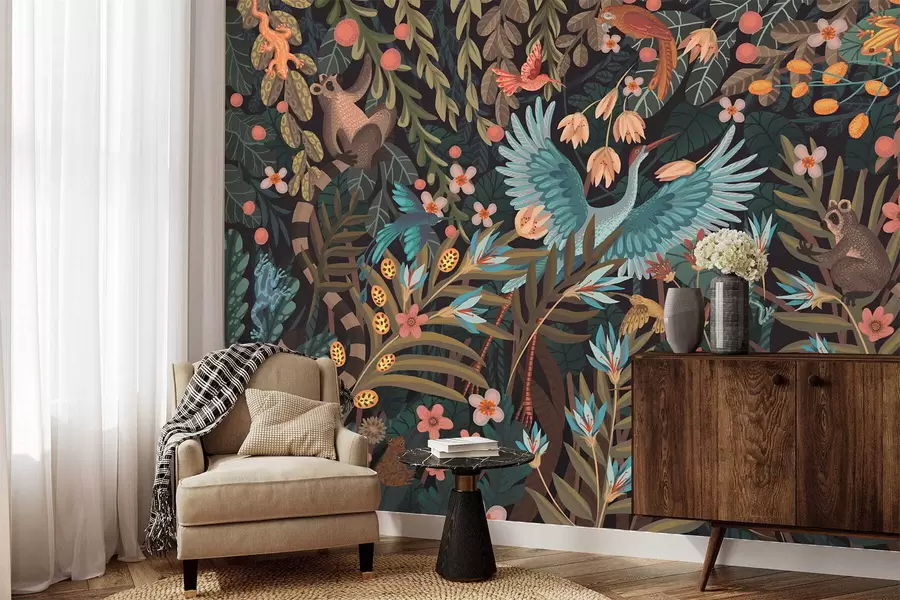 wall murals Fantasy scene with birds and animals among plants w05024