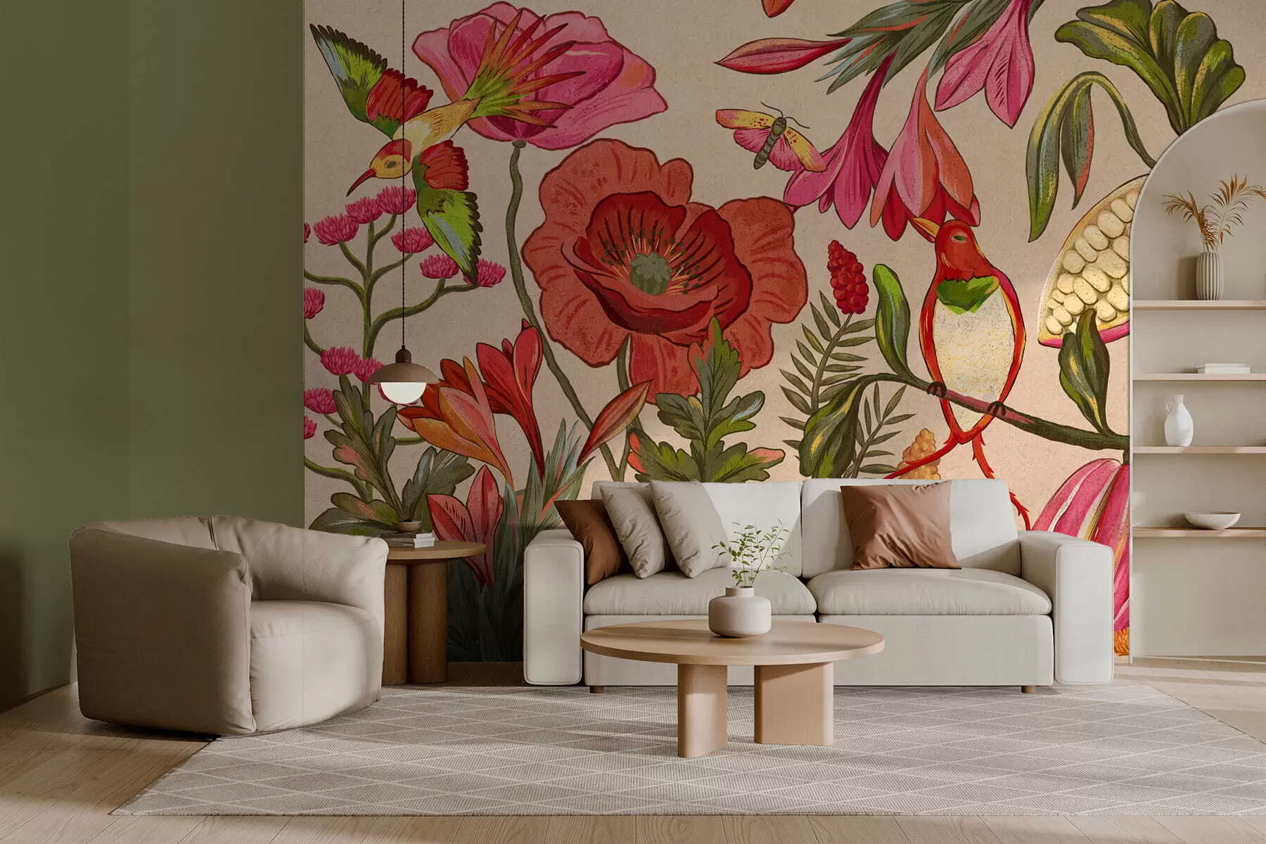 wall murals Decorative flowers and birds on beige background w05036