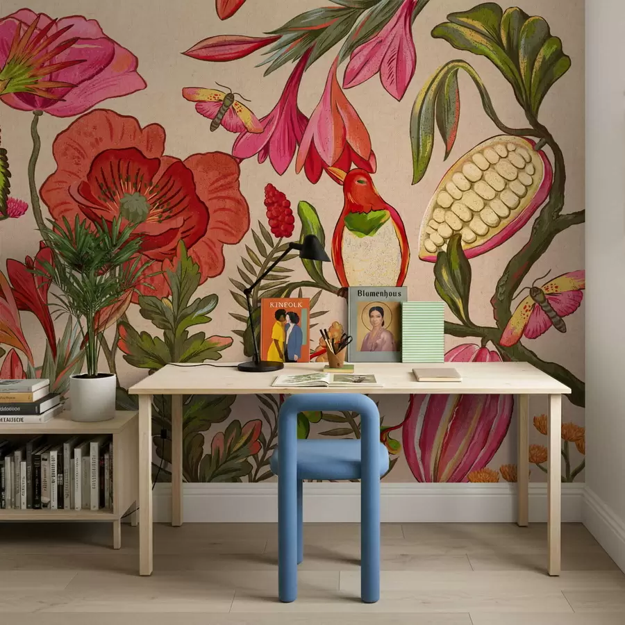 wall murals Decorative flowers and birds on beige background w05036