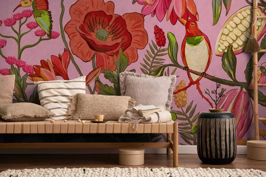 wall murals Decorative flowers and birds on pink background w05036v2