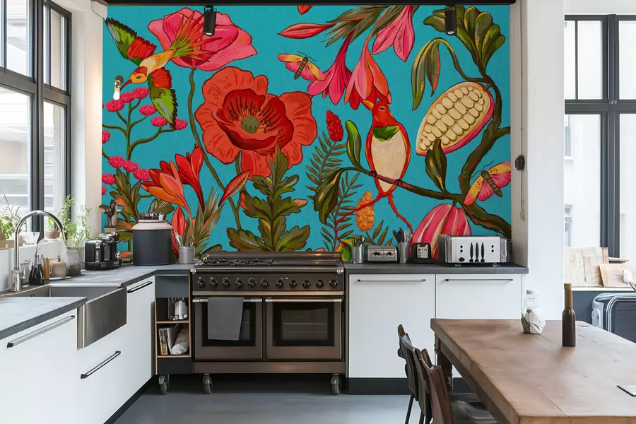 wall murals Decorative flowers and birds on blue background w05036v3