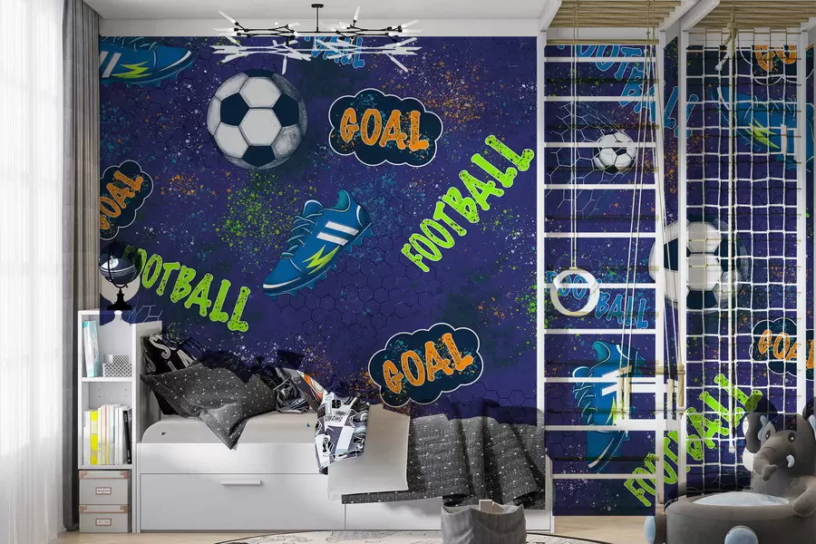 wall murals Kids football pattern in dark blue tones w05037v3