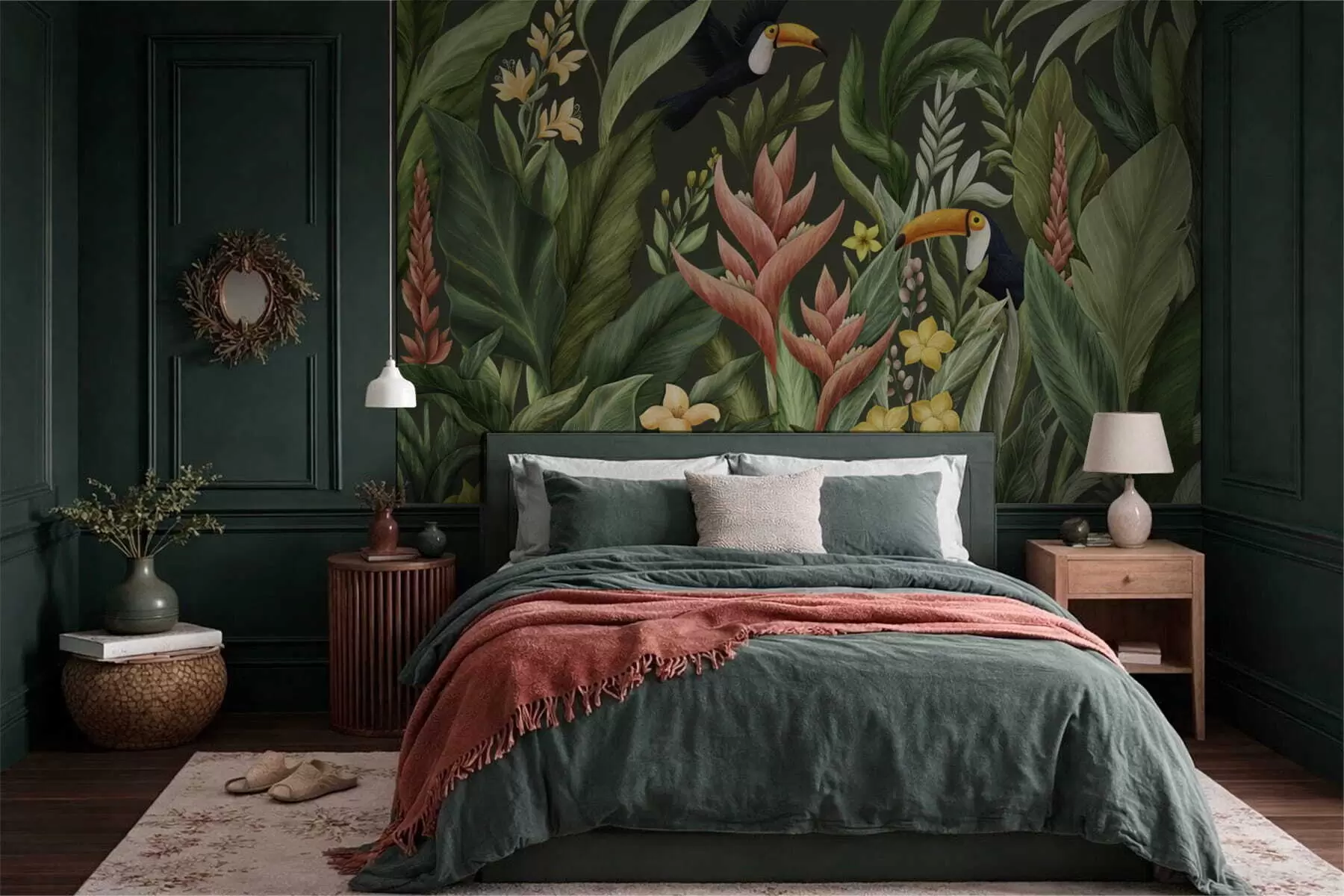 wall murals Tropical foliage and large-beaked birds on dark background w05088
