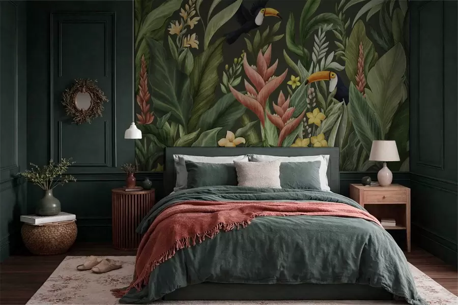 wall murals Tropical foliage and large-beaked birds on dark background w05088