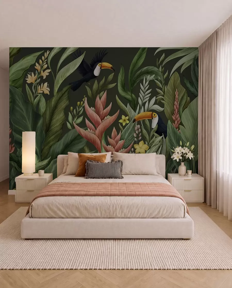 wall murals Tropical foliage and large-beaked birds on dark background w05088